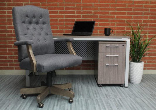 Elegant Slate Gray Linen & Driftwood ButtonTufted Office Chair